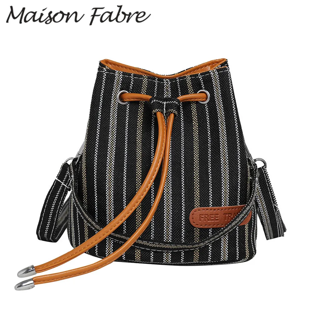 

Maison Fabre bag women canvas bag drawstring Striped print Vintage shoulder bag strap handles Summer ladies bucket Handbag 2019
