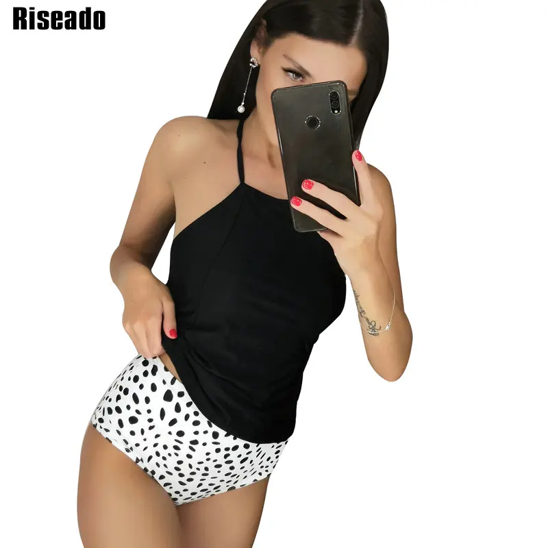 

Riseado 2019 Push Up Swimsuit Women Sexy Halter Two Piece Swimwear High Waist Swim Wear Cross Strap Bathing Suit Women XXL