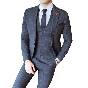 

Gentleman Vintage Suit Pinstripe Classic Decent Men Suit Wedding Groom Party Business Casual Slim Fit navy red Grey 3 pieces set