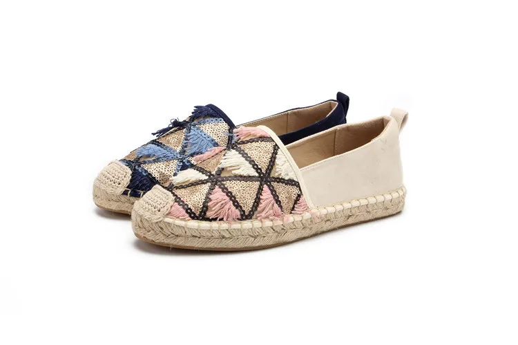 MInmclas Alpargatas Espadrilles; шикарные удобные слипоны; Женские Повседневные тапочки; дышащие льняные парусиновые туфли из конопли с кисточками и блестками для девочек