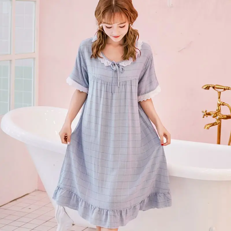 Female Sleepwear Summer Short Sleeve Night Dress Cotton Nightgown Negligee Casual Sleep Shirt Plaid Nightwear Nightdress