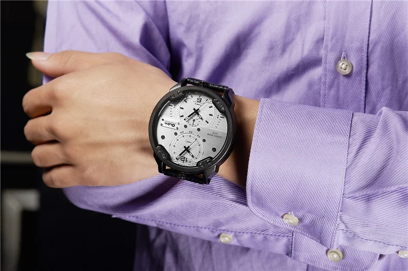 Oulm Роскошные брендовые большие мужские часы с двумя часовыми поясами мужские повседневные спортивные часы с большим циферблатом кожаные мужские наручные часы reloj hombre