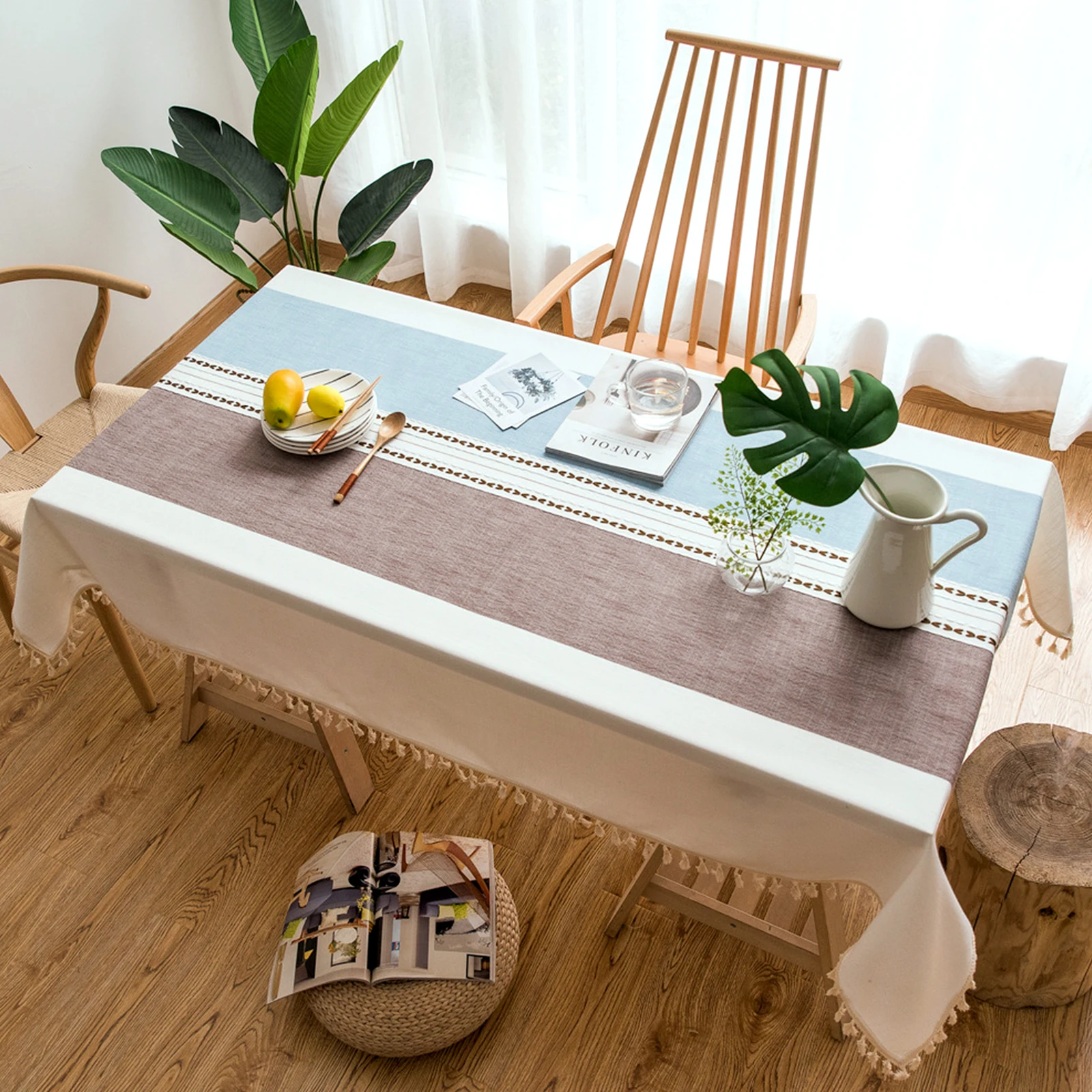 

1pcs Rectangle Stripe Linen Tablecloth with Tassel Dining Table Cover Placemat For Restaurant Home Kitchen Wedding Party Decor