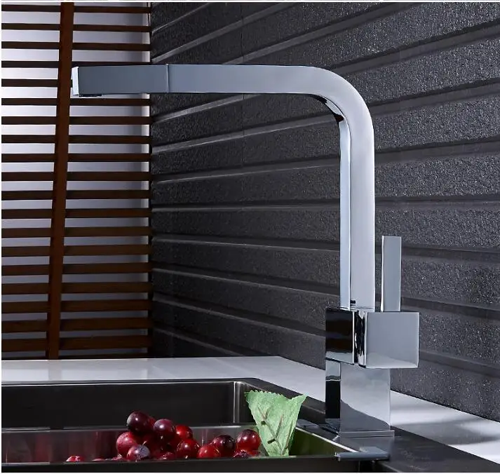 Fashion high quality single lever chrome Kitchen faucet single hole square kitchen tap mixer with pull out shower head