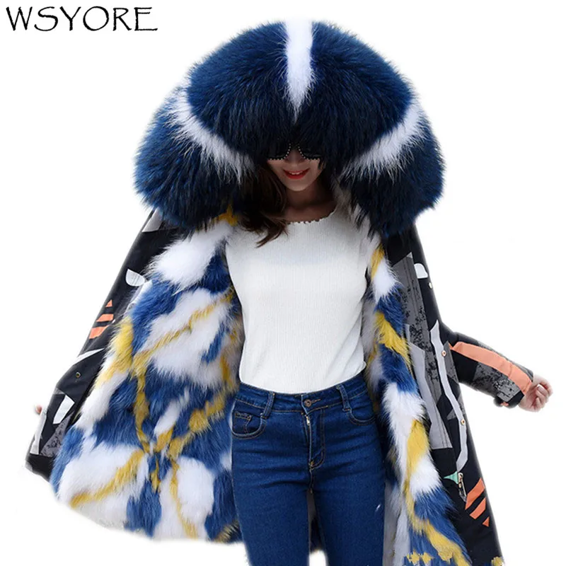 

WSYORE Mid-long Winter Jacket Women Parka Thick Outwear Plus Size Large Raccoon Fur Collar Hooded Coat Warm Fox Fur Jacket NS693