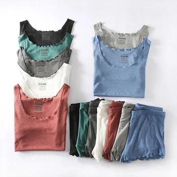 

Summer new ladies wooden ear secret copy thread double U vest shorts suit Japanese Harajuku style girls casual home service suit