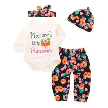 

Autumn Baby Boy Girl Clothing Sets Casual Letter Print Rompers Trousers Toddler Outfits With Hat And Headband Baby Apparel