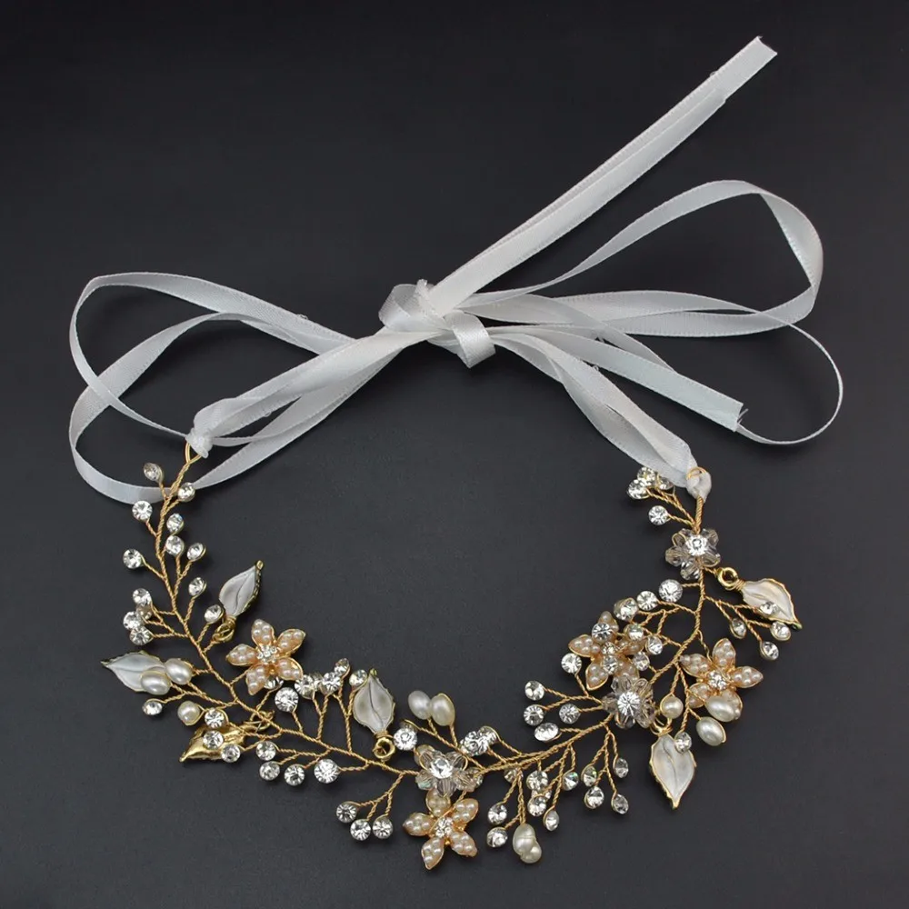 

Floral Wedding Tiara Bridal Headband Gold Tiara Hairband With Pearls Rhinestones Headpiece Bridal Hair Vines Hair Jewelry
