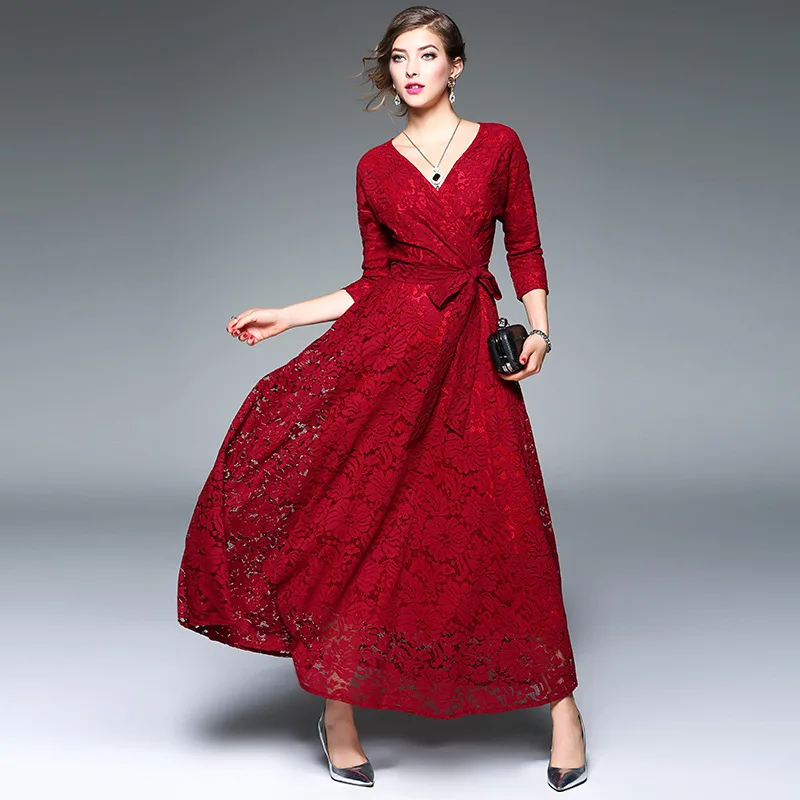 Noble Long Dresses Early Spring Women Long Sleeve V neck Fashion Lace