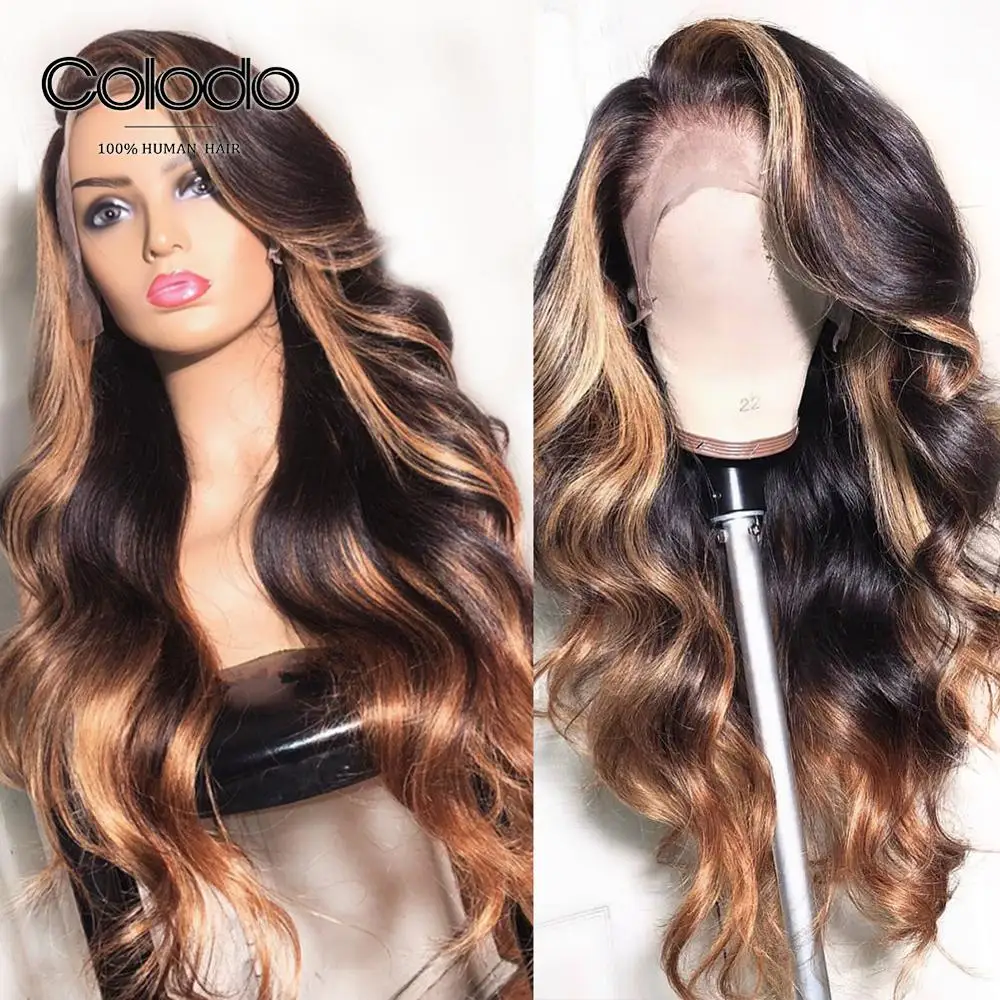 

COLODO 13X4 Highlights Wavy Wig Ombre Lace Front Wig Preplucked Baby Hair Brazilian Lace Front Human Hair Wigs for Black Women