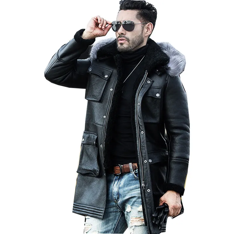 

Hot Sale Fashion Sheepskin Leather Jacket Coat Wool Liner Men Winter Thick Long Leather Fur High Quality Coat Plus Size M-4XL