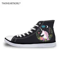 Twoheartsgirl прекрасный единорог Дизайн женский, черный высокая парусиновая обувь для хип-хопа шнуровке Slip-on дышащая обувь на плоской подошве