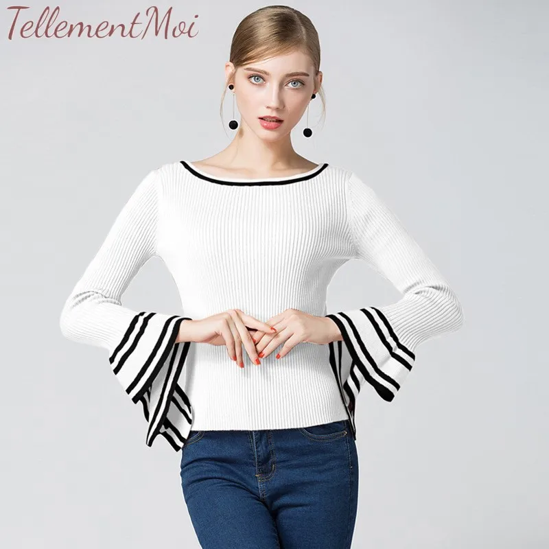 Women's Boat Collar Slim Knitted Sweater Ruffled Long Sleeve Striped Wool Pullover Bottoming Shirts Elegant Wild Sweaters Tops