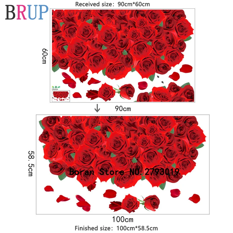 Большой цветок розы стикер на стену s романтические розовые красные цветы пол стикер дом винила искусства украшение для спальни ванной кухни - Цвет: red
