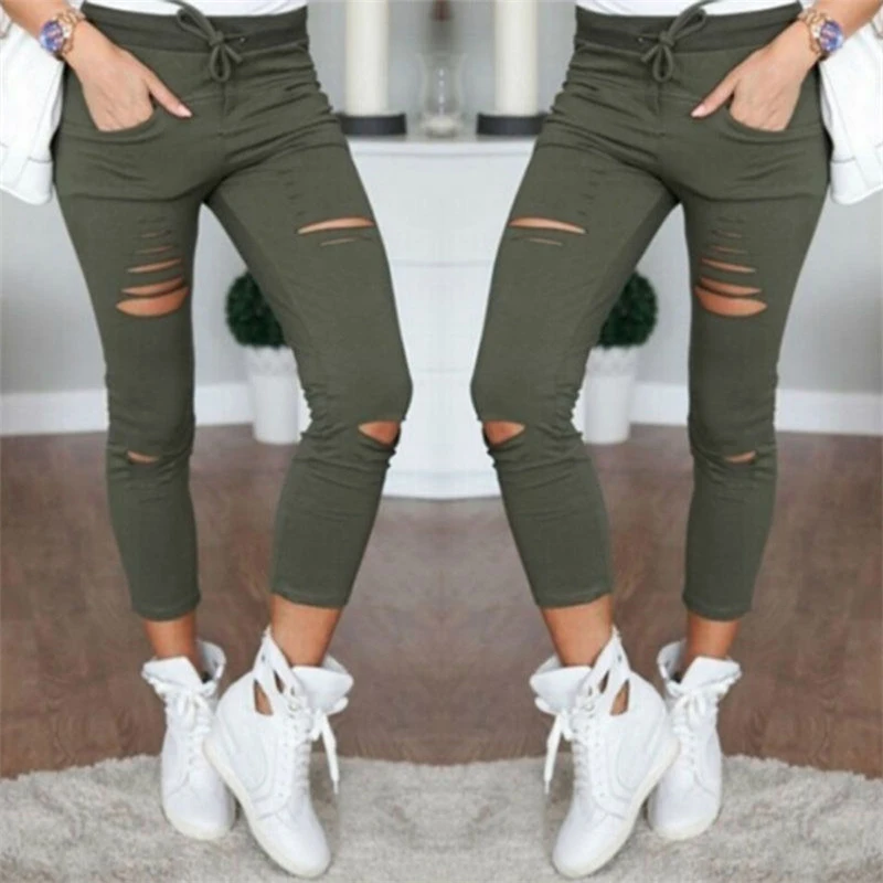 

XXL Plus Size Skinny Pants Women Slim Cargo Sweatpants Hole Stretch Army Green Pencil Trousers High Waist Drawstring Pants