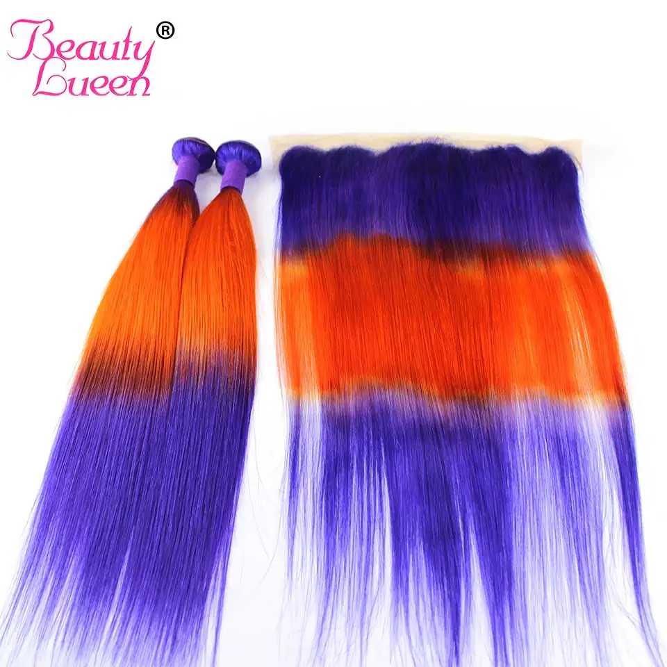 Tpurple Orange Purple Ombre Straight Hair 3 Bundles With Frontal