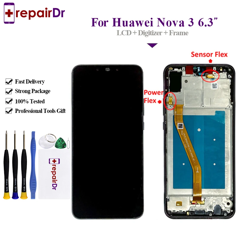 

Free Tools 6.3''LCD DIsplay+Touch Screen Digitizer Assembly+Frame For Huawei Nova 3 Lcd 100% Tested For Huawei Nova 3 Lcd Screen