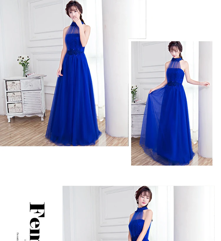 Floor Length Halter Dress Beaded Long Prom Dress Blue Champagne Sleeveless Evening Dress Appliques Lace Up Prom Dresses FD28
