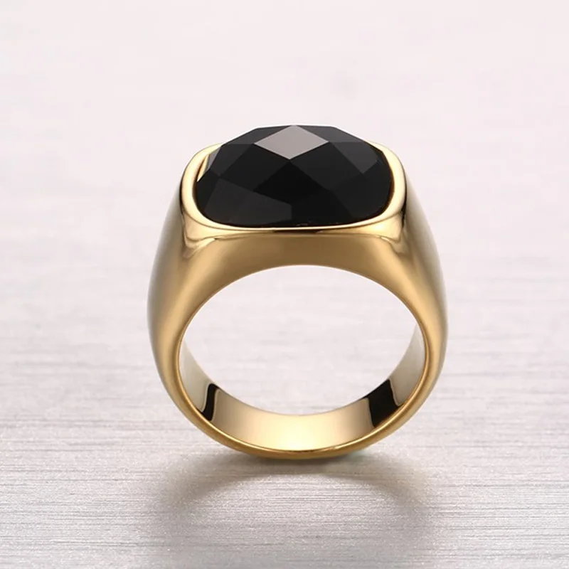 Meaeguet Gent's Jewelry Vintage Rings Gold-Color Stainless Steel Ring Man's Black Onyx Wedding Ring