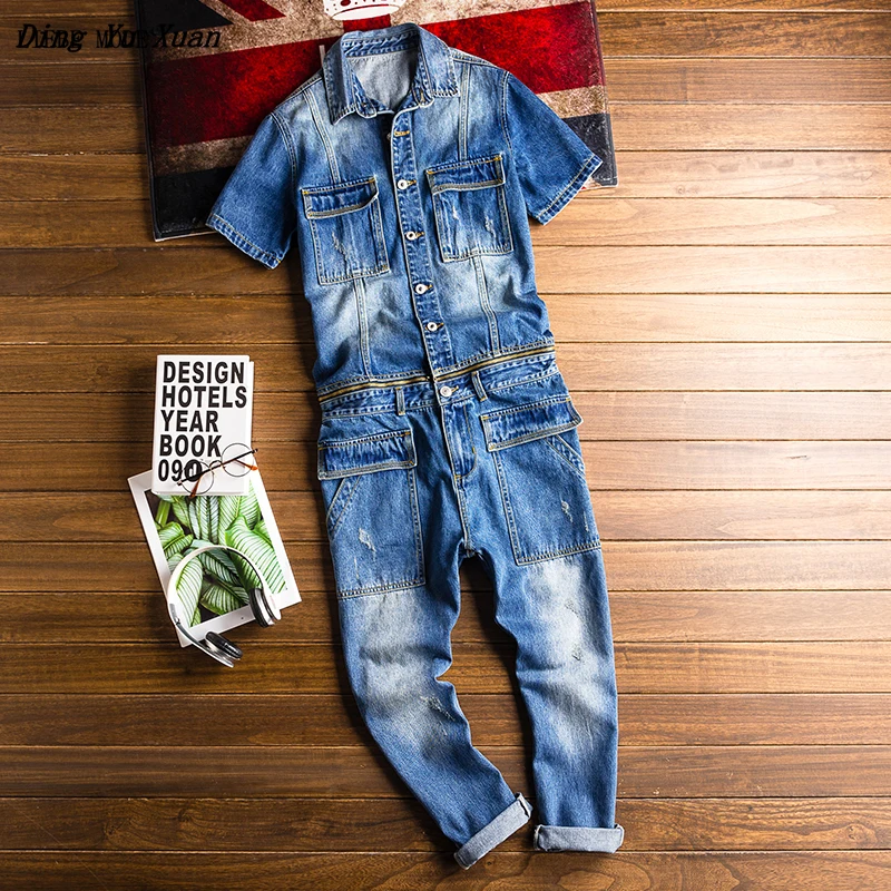 

Men Short Sleeve Denim Bib Overalls With Detachable Jacket Jeans Jumpsuits For Male Work Suit Stage Costumes Men 2 Piece Sets