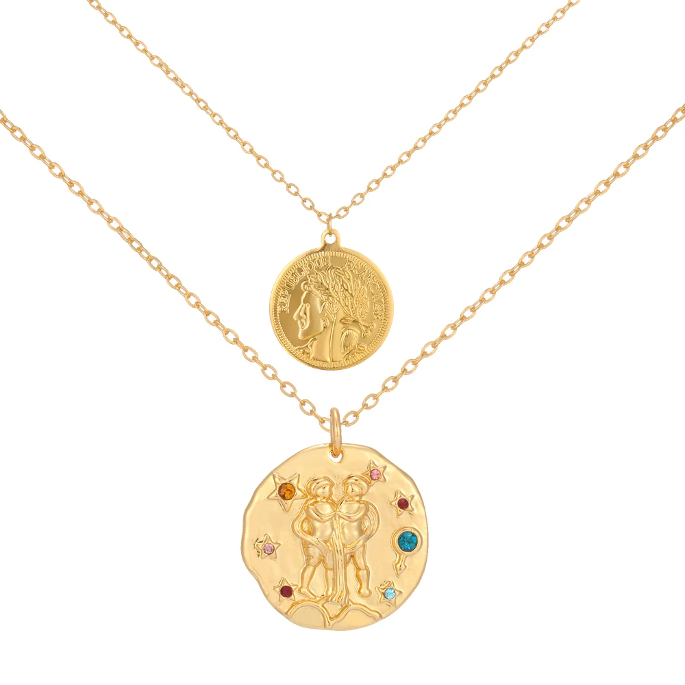 Communication Queen Elizabeth Coin and Gemini Constellation Zodiac Pendant Necklace Celestial 