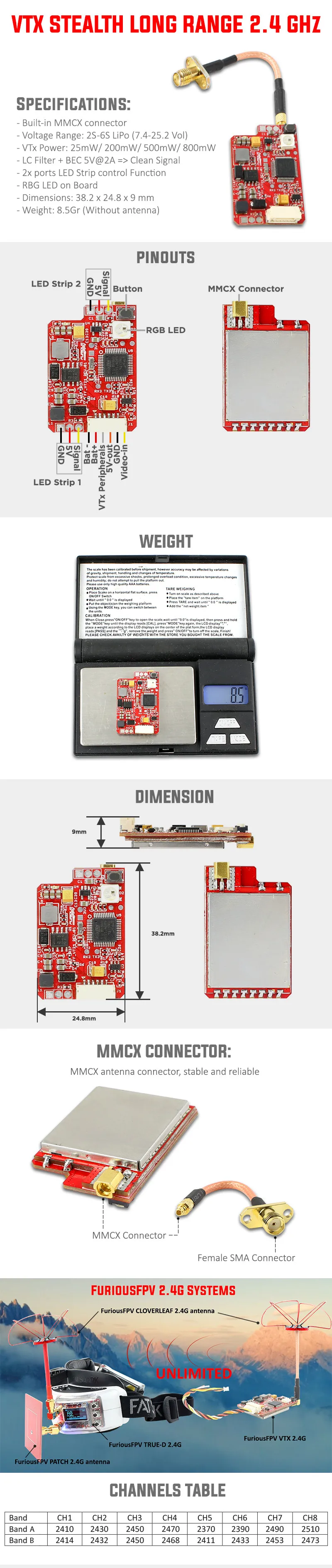 FuriousFPV 2,4G 16CH 25/200/500/800 МВт переключаемый VTX стелс длинный диапазон FPV видеопередатчик для радиоуправляемых моделей Трансмиссия FPV