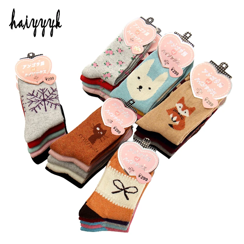 

5 Pairs/Lot Women Winter Socks Thicken Warm Rabbit Wool Socks Women Thermal Fox Cotton Socks Woman Cartoon Animal Pattern Sock