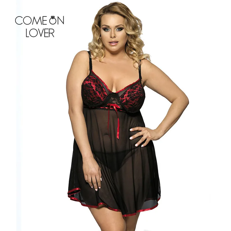 

Comeonlover Womens Plus Size Nightdress See Through Sling Sexy Home Dress Bra Pad Lace Babydoll Lingerie With G-String RT7922