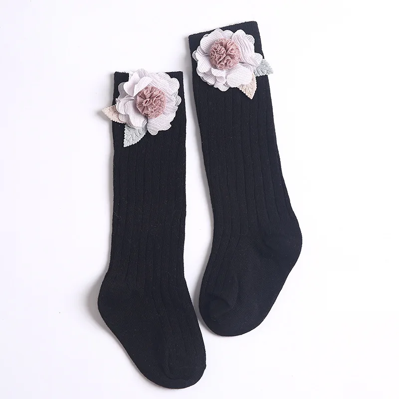BalleenShiny/мягкие однотонные хлопковые носки для малышей длинные носки с цветочным рисунком для маленьких девочек детские носки принцессы - Цвет: black
