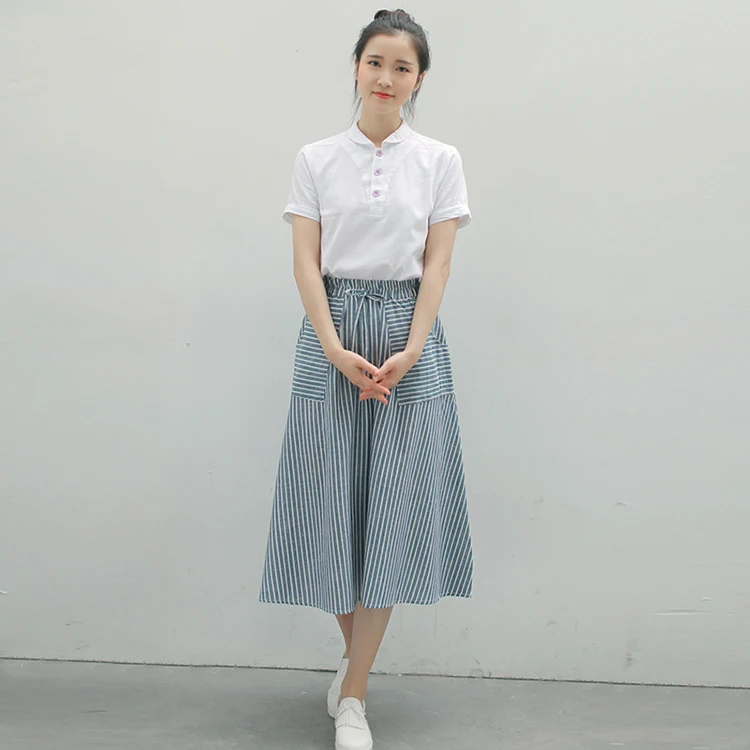 leather skirt Spring Summer Women Vertical stripes Skirts Casual Loose Cotton Linen Female With Pockets Vintage Elastic waist lacing Skirts tennis skirt outfits