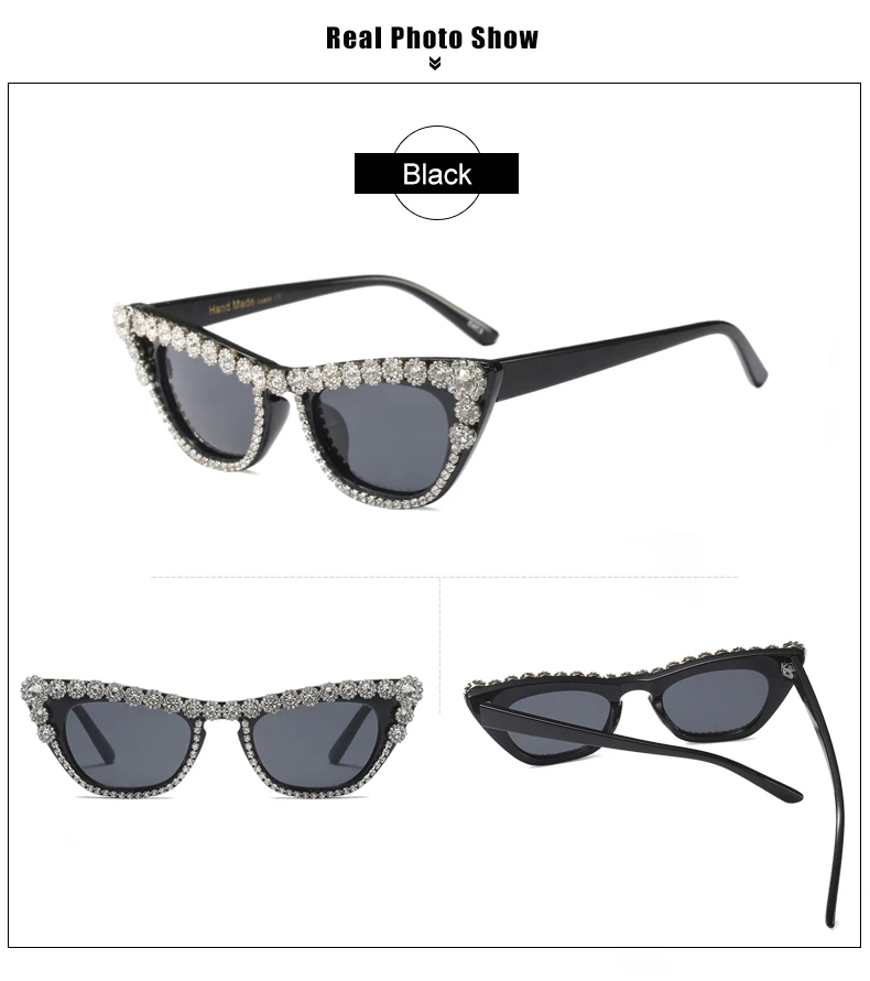 Ralferty Роскошные черный в стразах-кристаллах женские солнцезащитные очкив ретро стиле маленькая кошка глаз UV400 солнцезащитные очки цветок
