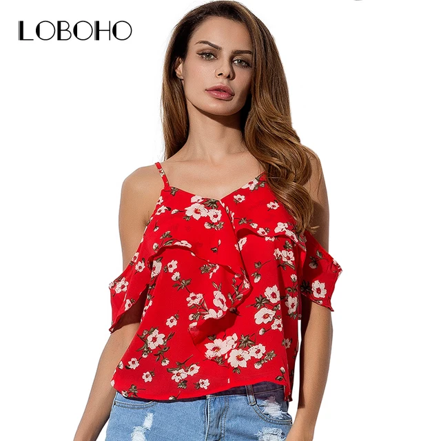 Print Floral Blouse Chiffon Fashion 2018 Summer Off