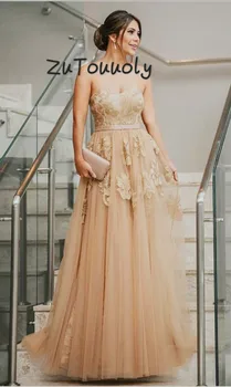 

Fitted Champagne Evening Dress Long Lace Boho Prom Dresses A Line Sweetheart Floor Length Tulle Party Dresses Formal Wear 2019