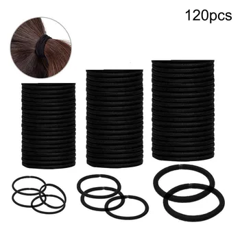 

120pcs/set Black 3 sizes Elastic Hair Band 3mm Thickness Soft Hair Ties For Thin to Medium Thick Hair Casual Headdress For Women