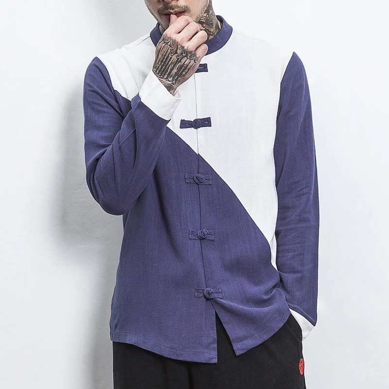 

MR-DONOO Linen Comfort Large Size Men's Long Sleeve Shirt Chinese Style Retro Men's Stand Collar Button Top CS06