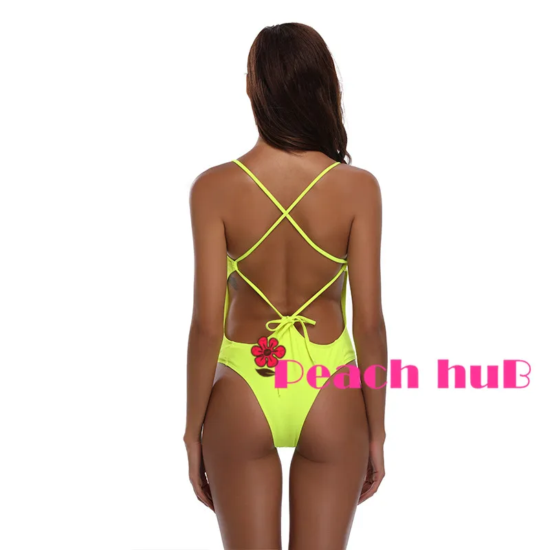 Women Swimsuit One Piece Sport Swimsuit Monokini Solid Bodysuits Swimwears Women Backless Beachwear Fluorescent Yellow  (3)