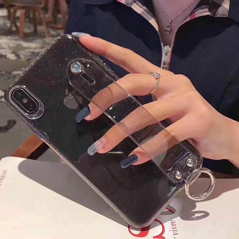 

Shining Glitter Powder Clear Phone Case For iPhone X XR XS Max 8 7 6 6S Plus Transparent Soft Silicone Wrist Strap Back Cover