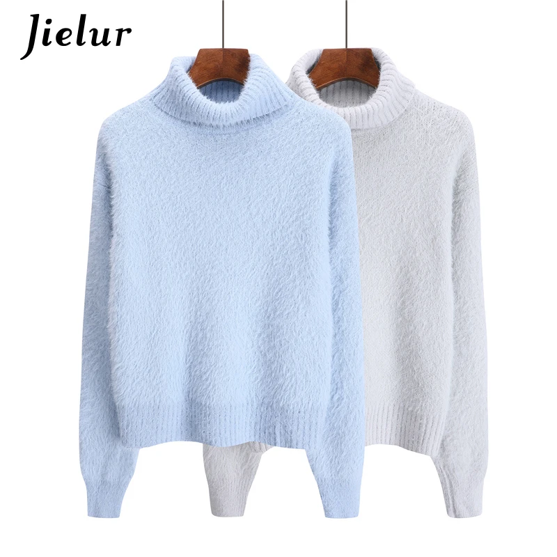 Jielur Sweater Female Simple Solid Color Warm Comfortable Women's Turtleneck Gray Blue Korean Long Sleeve Winter Women | Женская