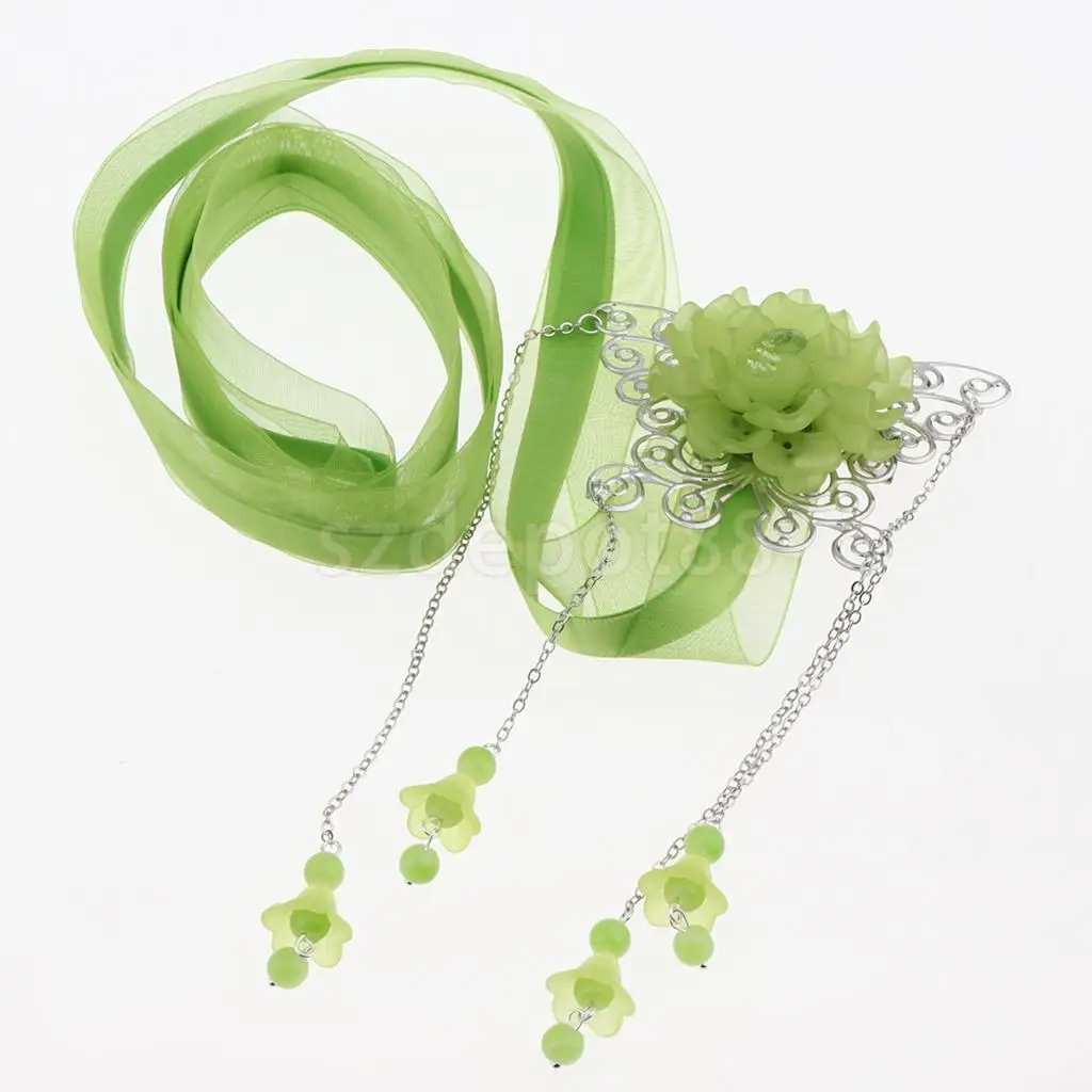 Ribbon Flower Chain Tassel Ancient Chinese Headdress Clip & Beads Dangle Earring Set Bridal Wedding Cosplay Party Hair Jewelry