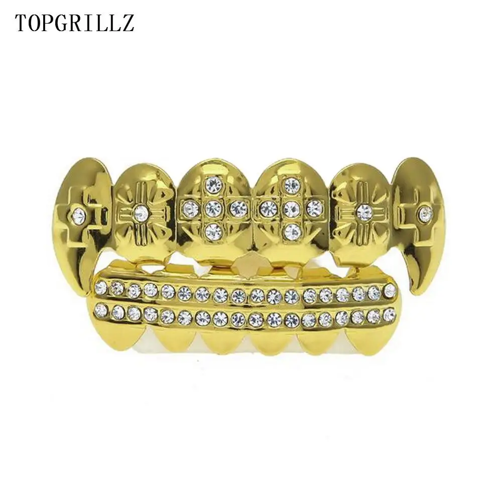 TOPGRILLZ Настоящее розовое золото цвет покрытием ICED OUT CZ зубы GRILLZ крест сверху и снизу зуб шапки Хип Хоп Bling Золотые грили - Окраска металла: Gold Set