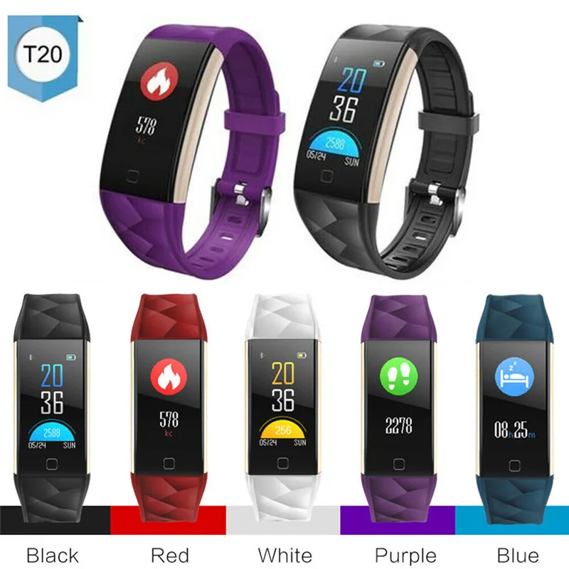 Life Waterproof and Fashion T20 Smart Sport Long standby Bracelet Fitness Tracker HD Color Screen Heart Rate Blood Pre