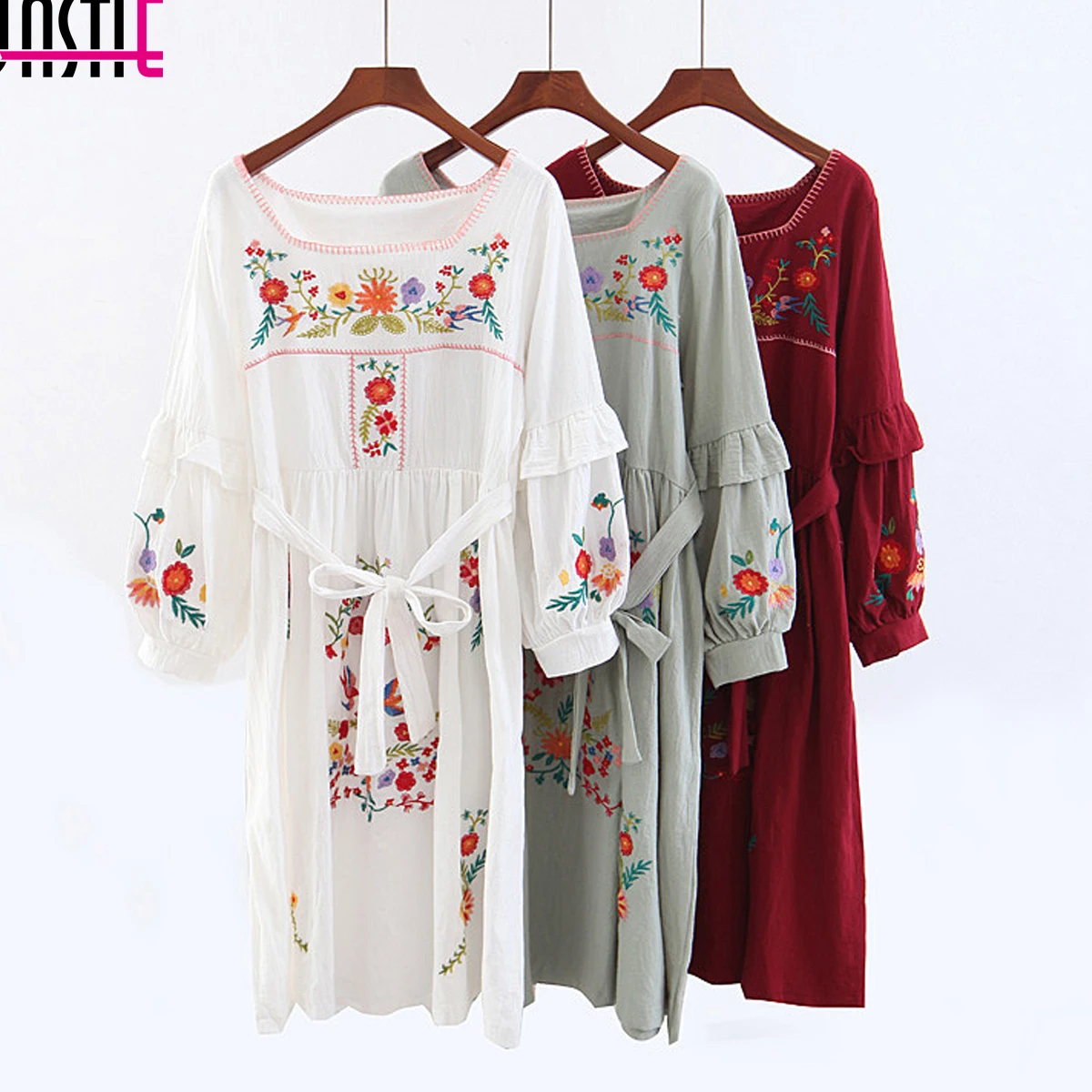 

Jastie Boho Ruffle Long Sleeve Autumn Dress Square Neck Retro Embroidered Dresses Casual cotton and linen Women Dresses Vestidos