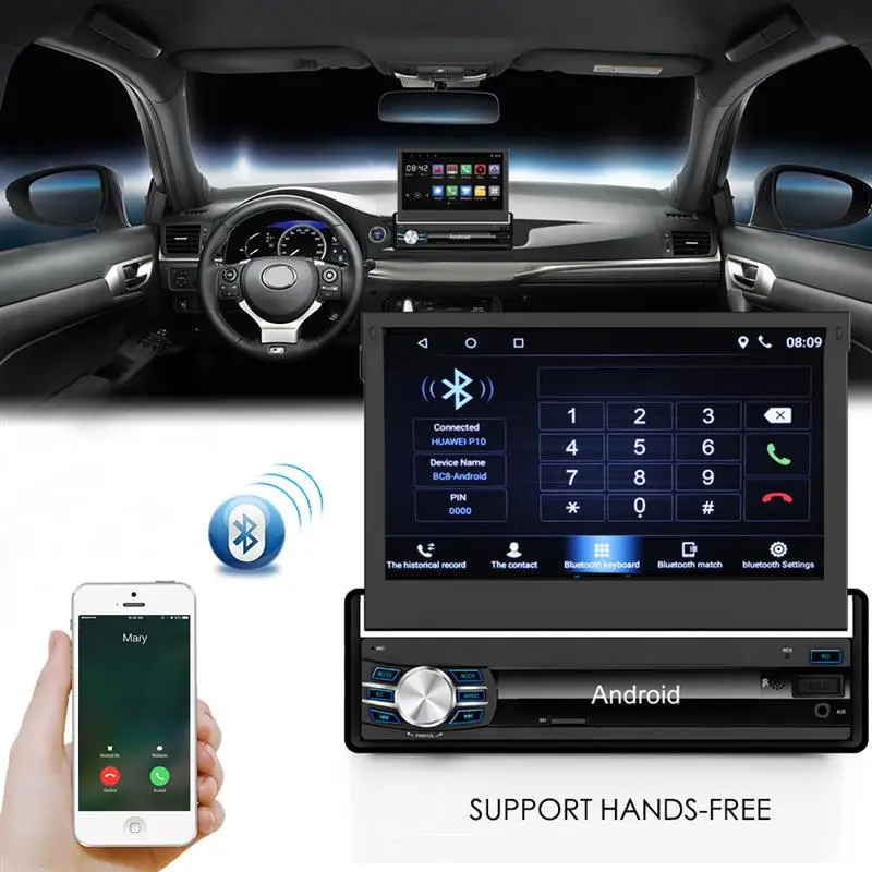 Discount Retractable 7" 1 DIN Android 6.0 1080P Autoradio GPS Bluetooth Navigation Car Stereo Player Fully Capacitive Touch Screen 1G/16G 3