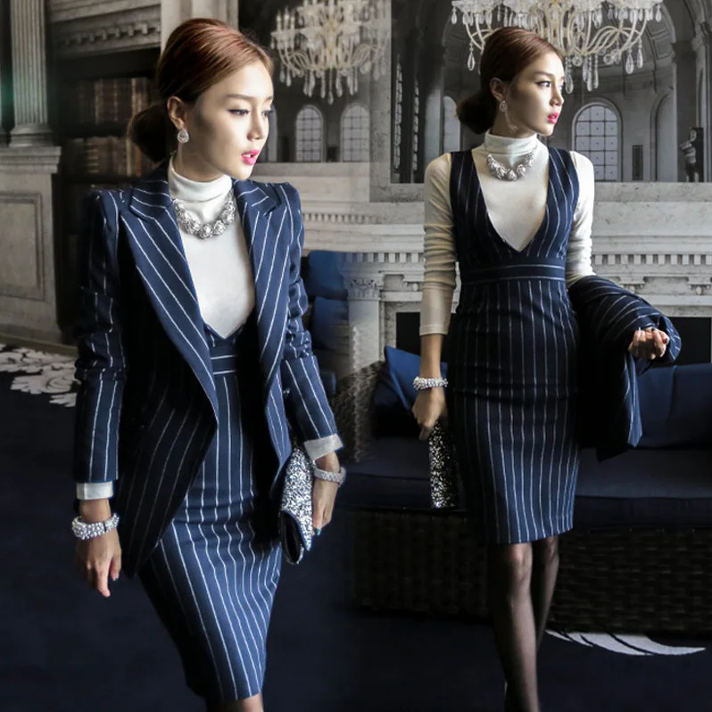 stripe Jacket + Sleeveless Vest Dress Suit Winter Women's Jacket Set Ladies 2 Piece Dress Suits