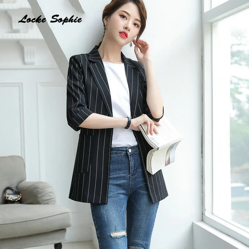 Women's Plus size Long Blazers coats 2019 Autumn cotton blend stripe Slim fit Small Suits jackets ladies Skinny Blazers Suit