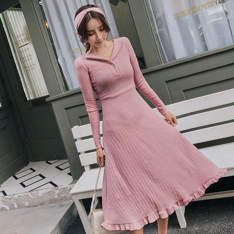 

2018 Autumn Fashion Women Ball Gown Sweater Dress Winter Knitting Long Sleeve Casual Slim Soft V Neck Ruffles Long Dress
