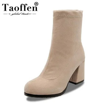 

Taoffen Plus Size 32-46 High Heels Ankle Boots For Women Brand New Winter Suede Keep Warm Fur Short Boots Square Heels Footwear