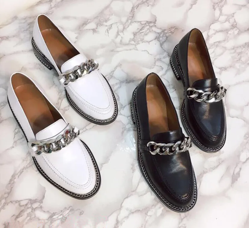 

women genuine leather round toe low heel comfort leisure style women shoe spring newest metal chain single shoes Size