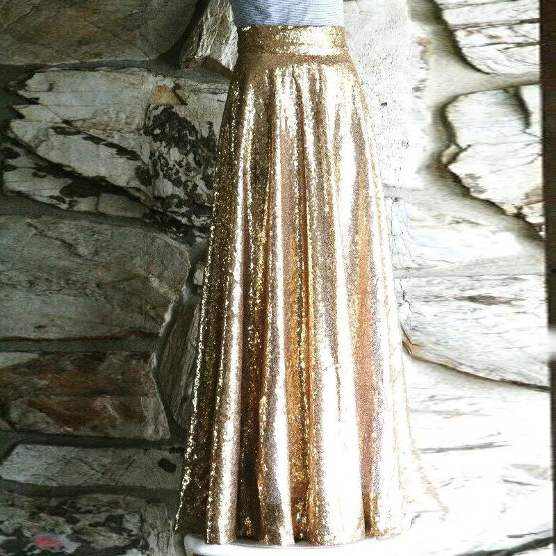 Shining Gold Long Sequins Skirts A Line Invisible Zipper Waist Floor Length Skirts 2016 Maxi Women Skirts37