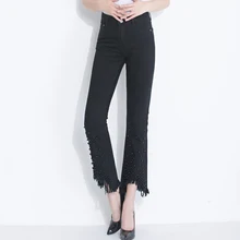 На лето и весну модные женские туфли Жемчуг Бусы нерегулярные ботильоны с кисточками Длина расклешенные черные джинсовые брюки, Повседневное женские эластичные джинсы